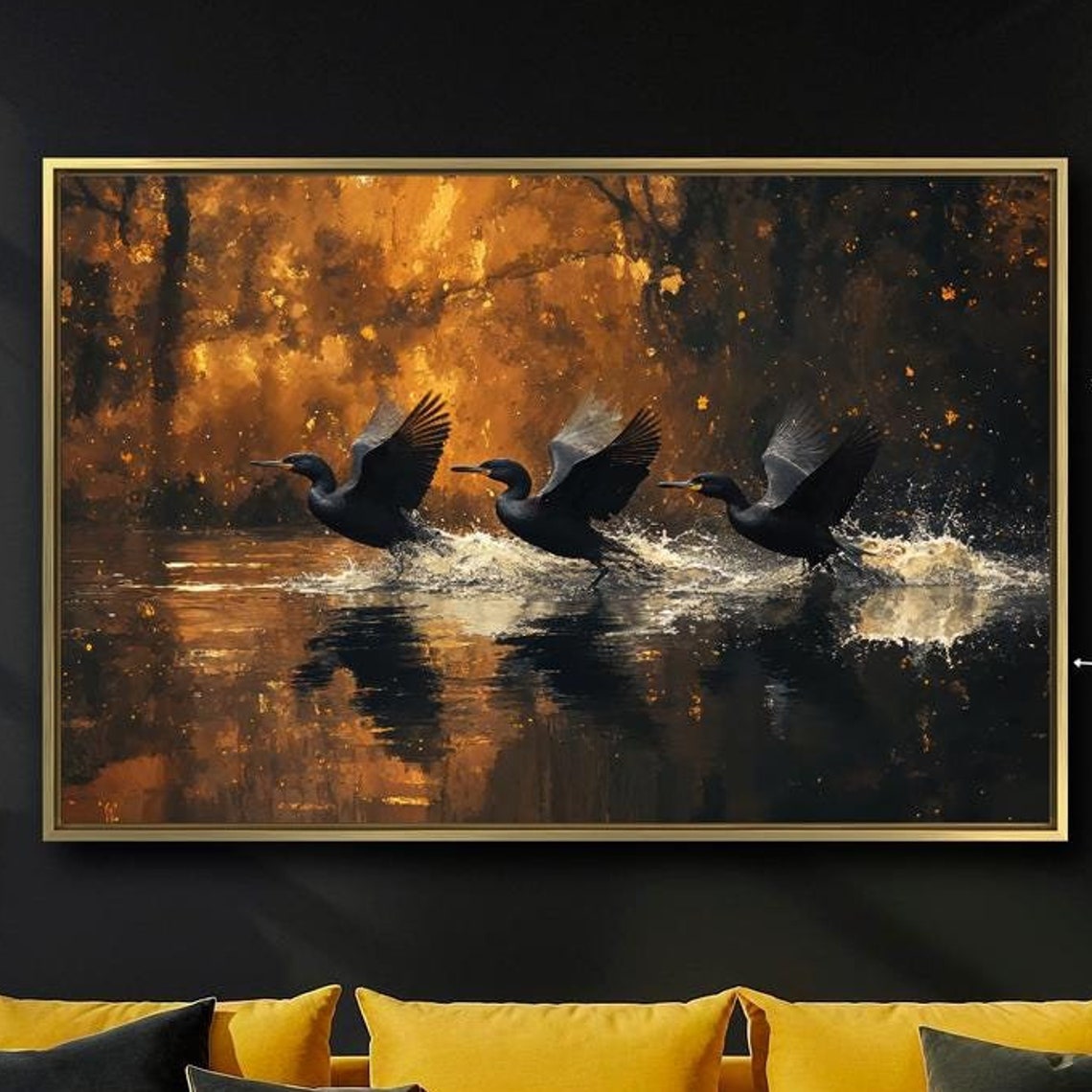 Three Black Birds Taking Flight Over Golden Water Nature Wall Poster