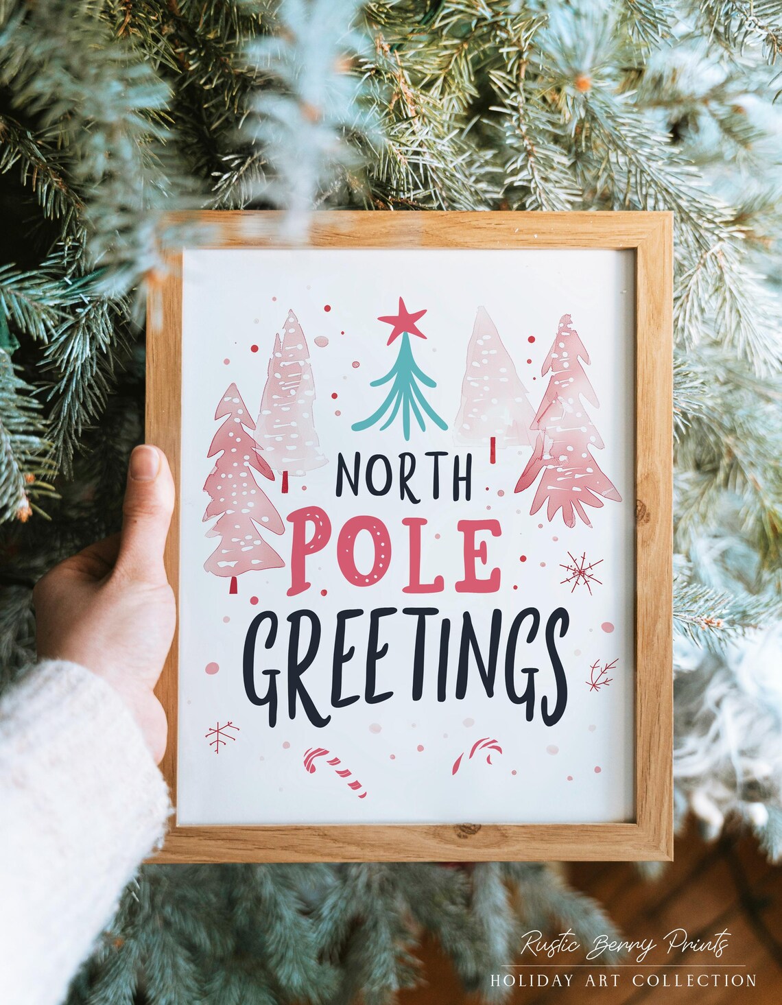 North Pole Greetings Pink Christmas Trees Holiday Quote Print