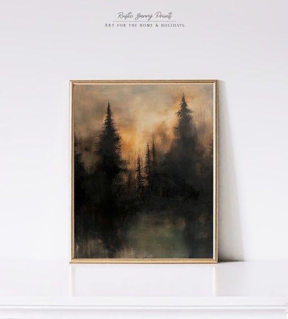 Vintage Moody Forest Landscape Oil Painting Wall Art Rustic Print Dark Tones Print Pine Trees Forest Instant