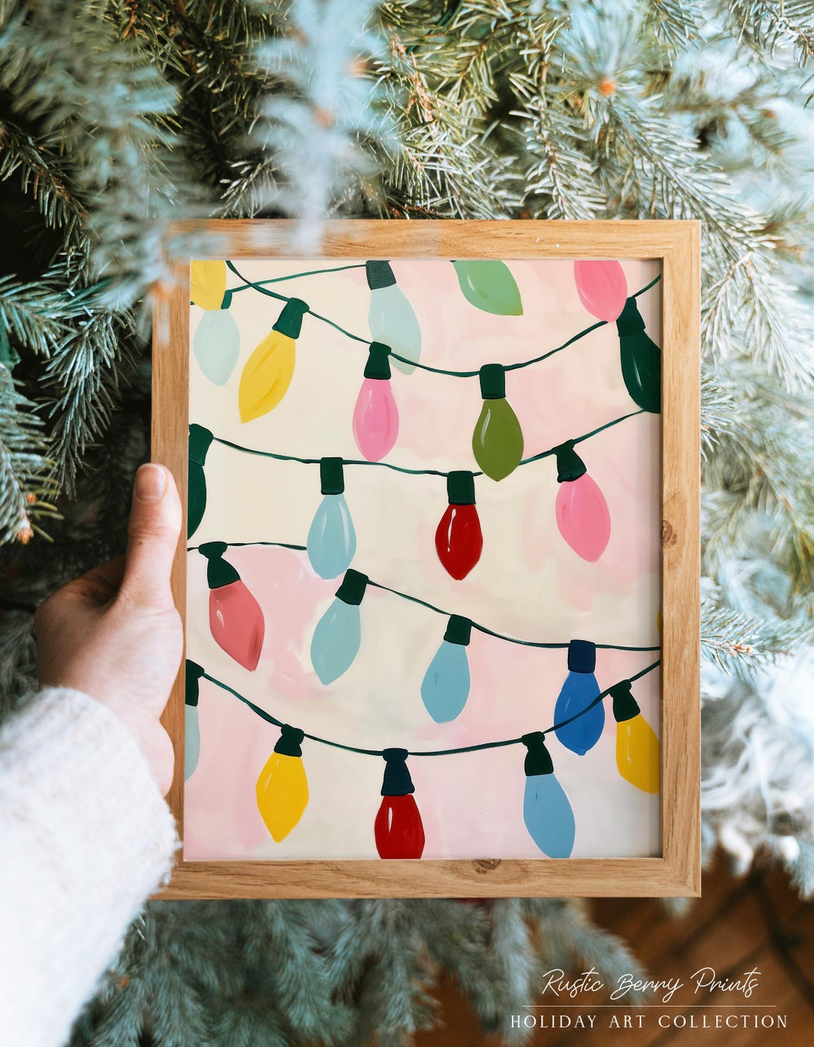Retro Christmas Light Strands Colorful Bulbs Pink Holiday Print