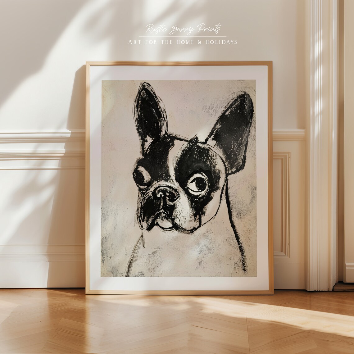 French Bulldog Quirky Black Ink Face Portrait Sketch Neutral Art Print - Image 2
