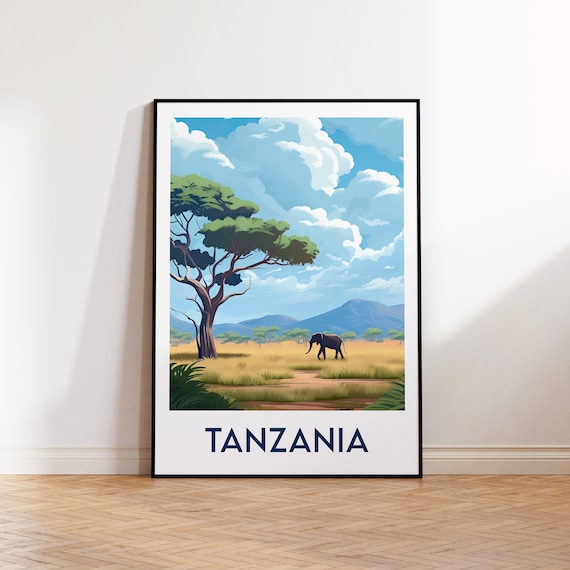 Tanzania Safari Elephant On Golden Savanna Acacia Trees Art Poster