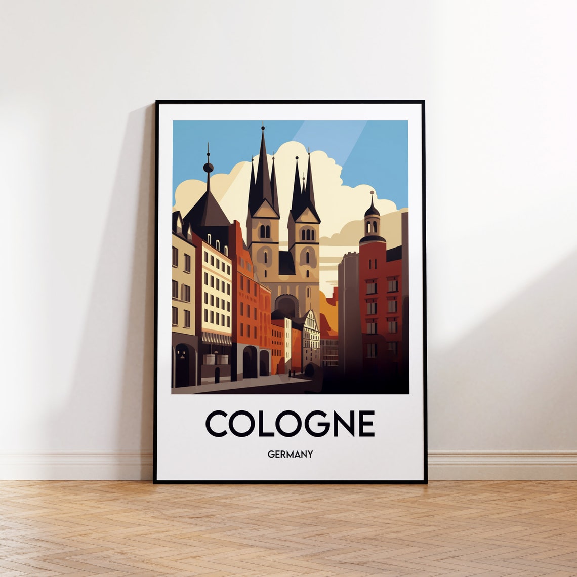 Cologne Germany Old Town Travel Poster with Twin Spired Churches