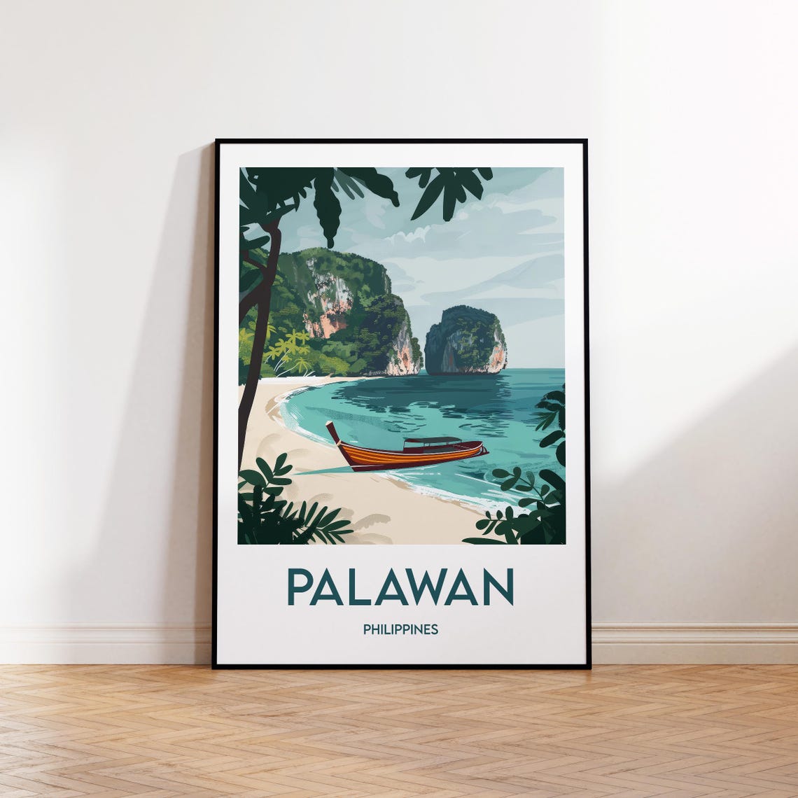 Palawan Philippines Beach Longtail Boat Limestone Karsts Poster