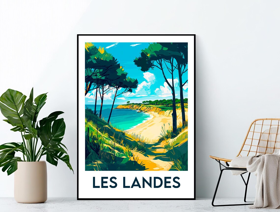 Les Landes France Pine Forest Over Sandy Beach Turquoise Coast Travel Poster