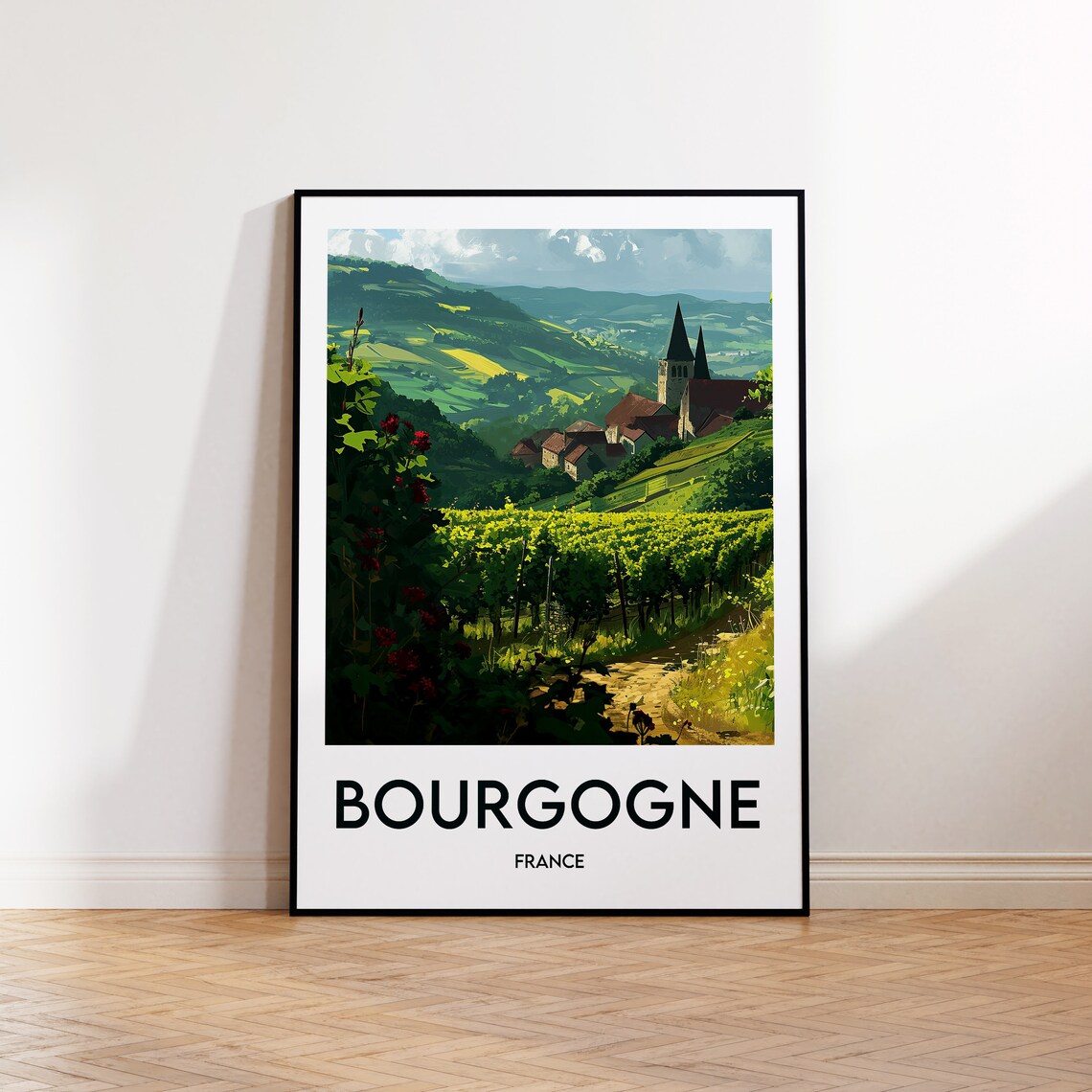 Bourgogne France Vineyard Village With a Church Tower Travel Poster