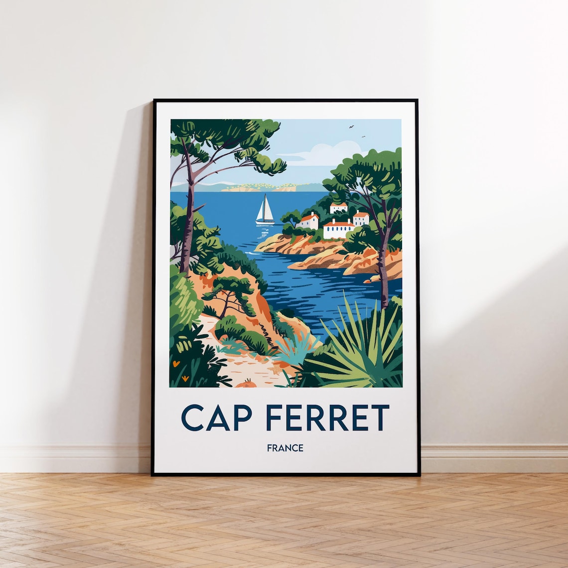 Cap Ferret France Bay Sailboat Pine Trees Vintage Travel Poster