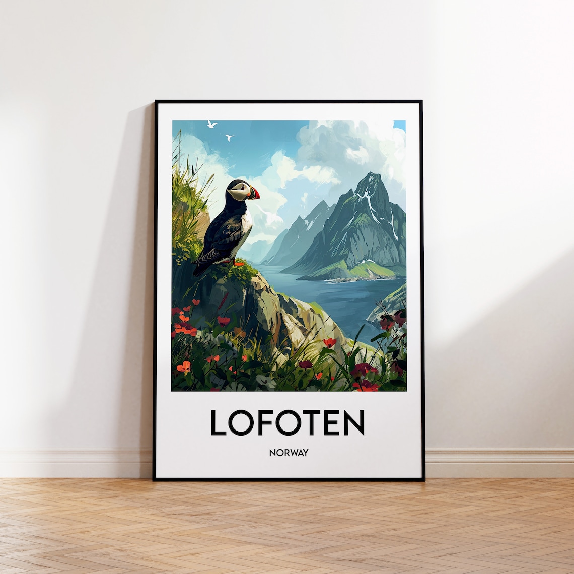 Vintage Lofoten Norway Puffin Cliff Fjord Wildflower Travel Poster