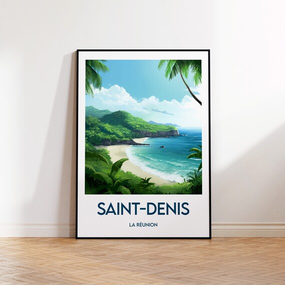 Saint Denis La Reunion Vintage Travel Poster Tropical Beach Palm