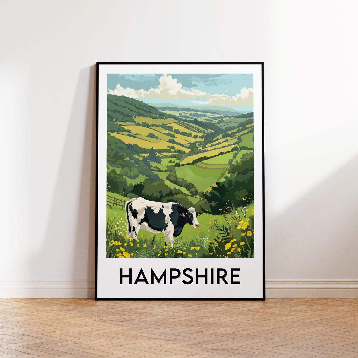 Hampshire England Vintage Travel Poster with Cow in Rolling Hills