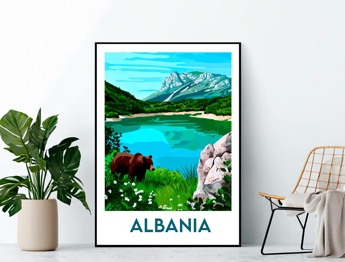 Albania Travel Art Brown Bear by Mountain Lake Turquoise Poster