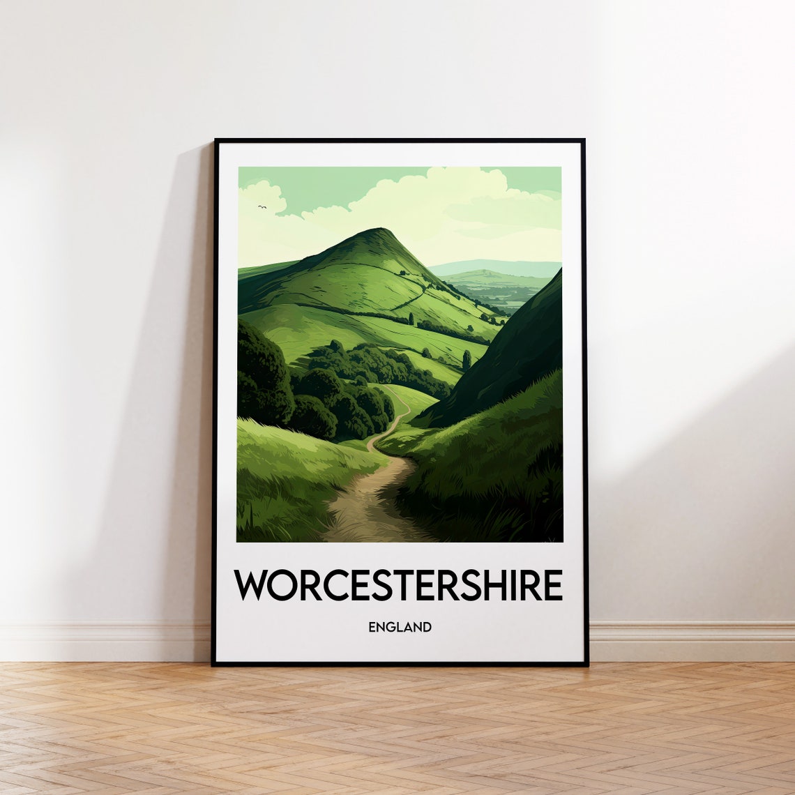 Worcestershire England Green Hills Modern Landscape Travel Poster