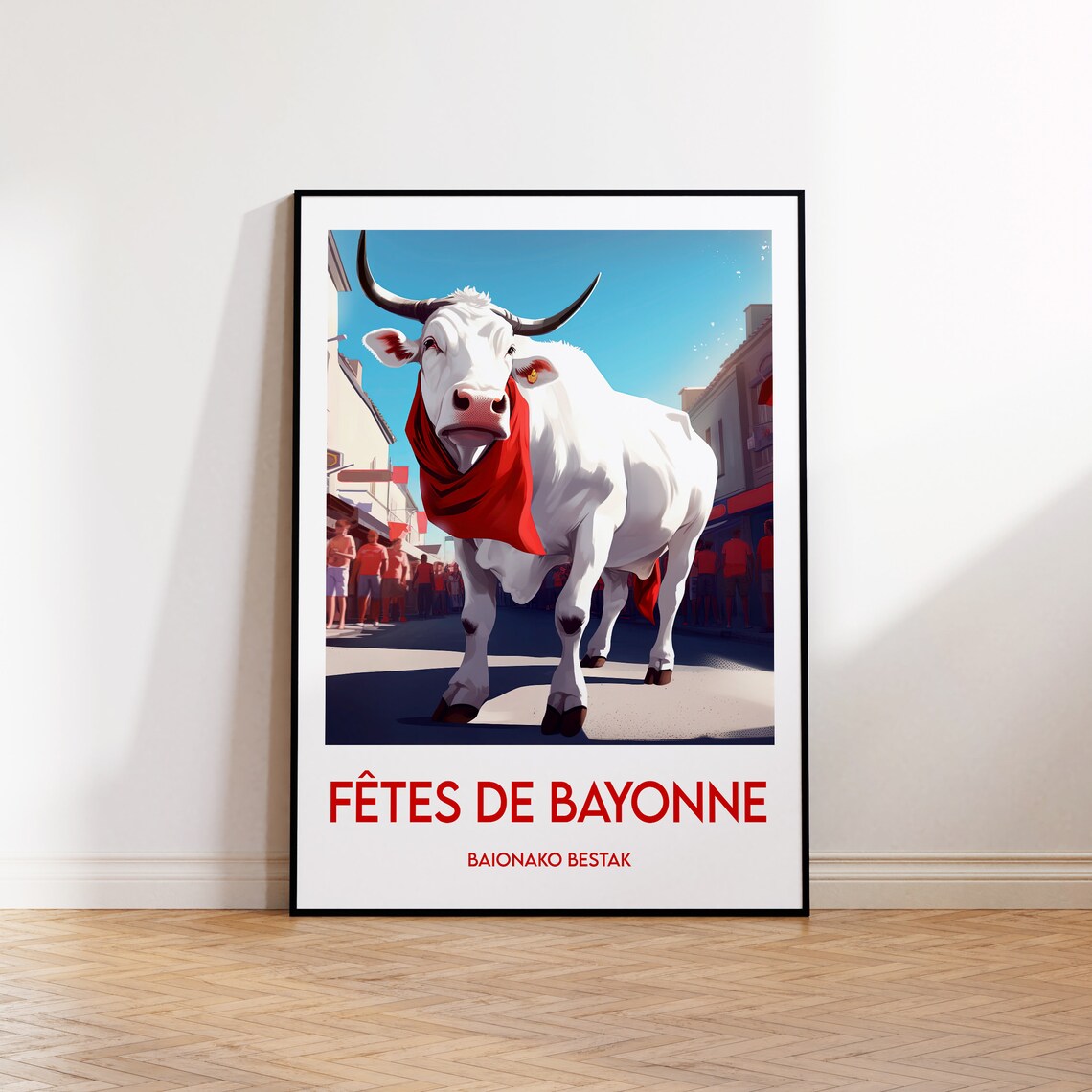 Fetes de Bayonne Festival White Bull Red Scarf Travel Poster