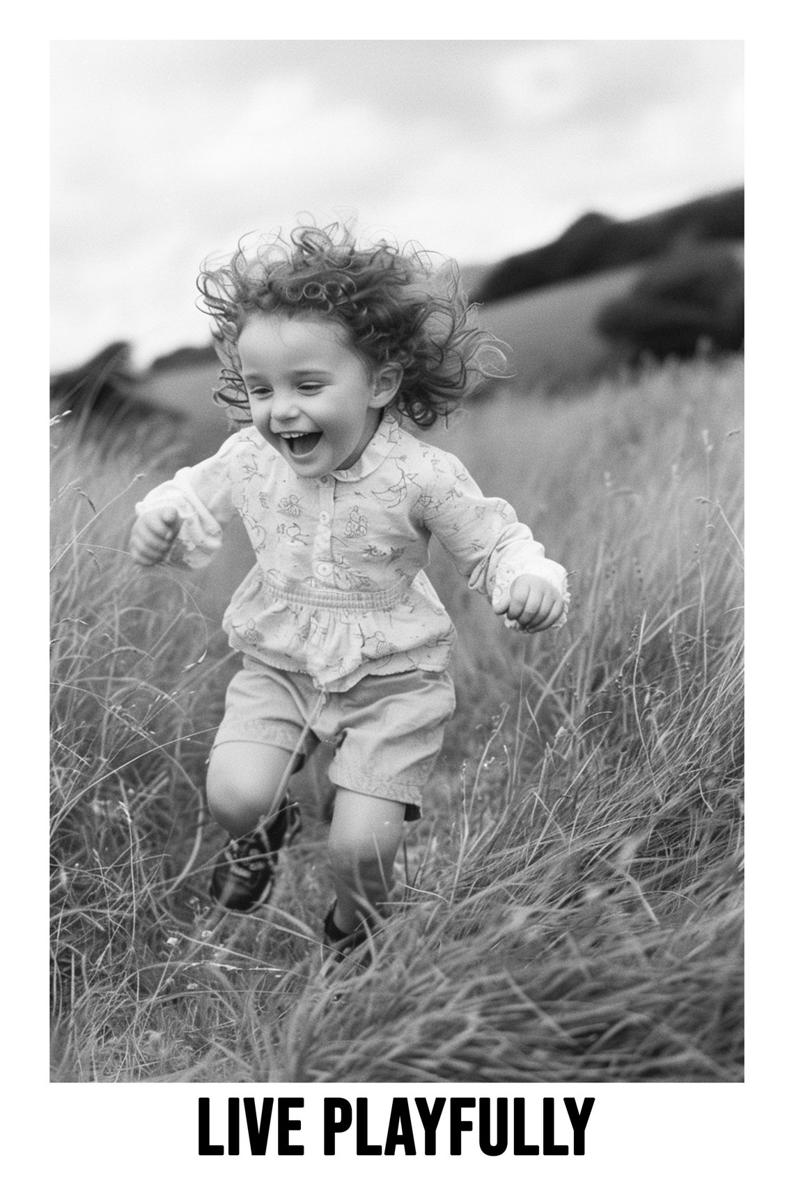 Laughing Child Running Through Field Live Playfully Black White Poster - Image 2