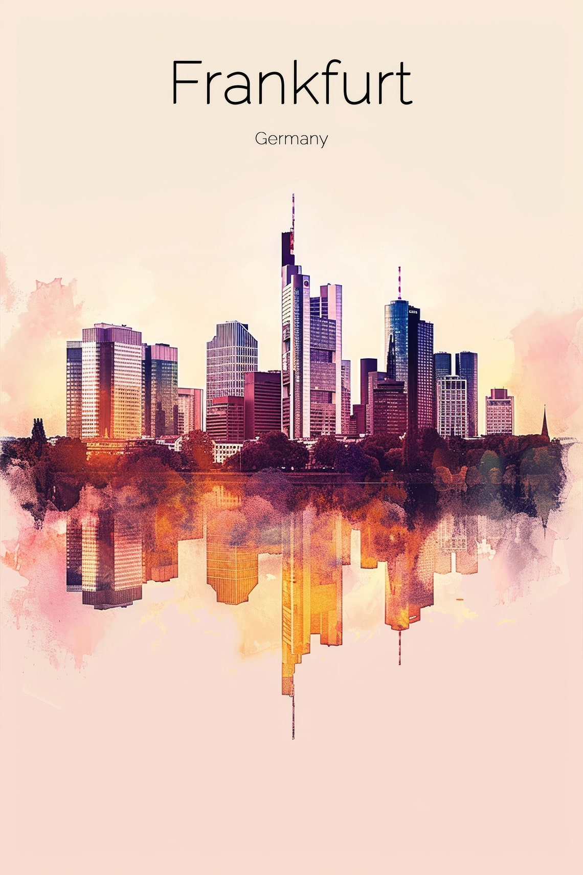 Frankfurt Germany Watercolor Modern Skyline Sunset Glow Poster - Image 2