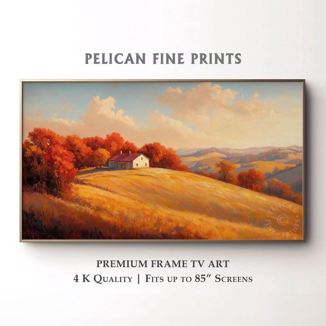 Rolling Autumn Hills Crimson Amber Trees Pastel Landscape Poster