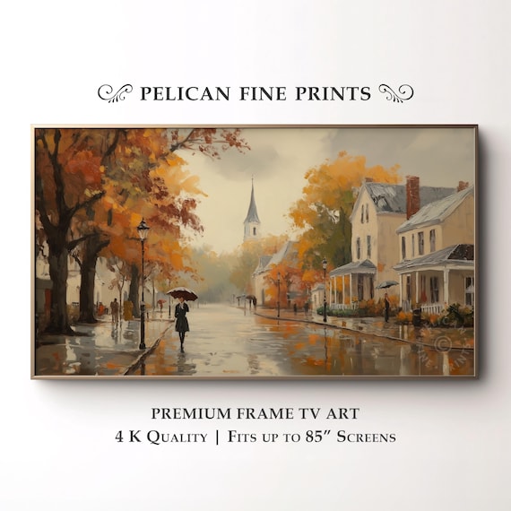 Rainy Autumn Small Town Street Church Umbrellas Cityscape Art Poster