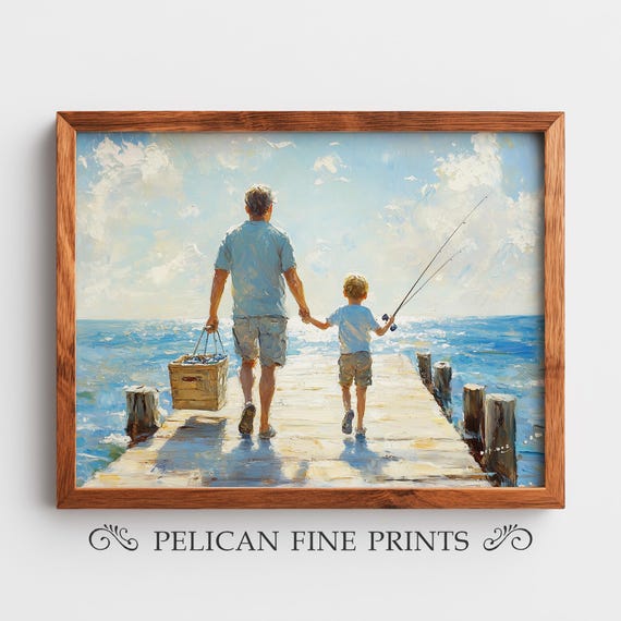 Father And Son Fishing Art Sentimental Family Scene Nostalgic Coastal Pier Wall H117