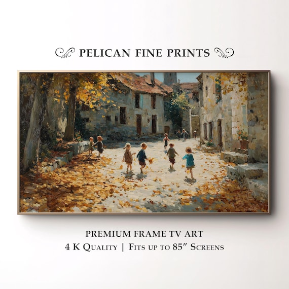 Children Playing In Autumn Village Street Vintage Fall Wall Art