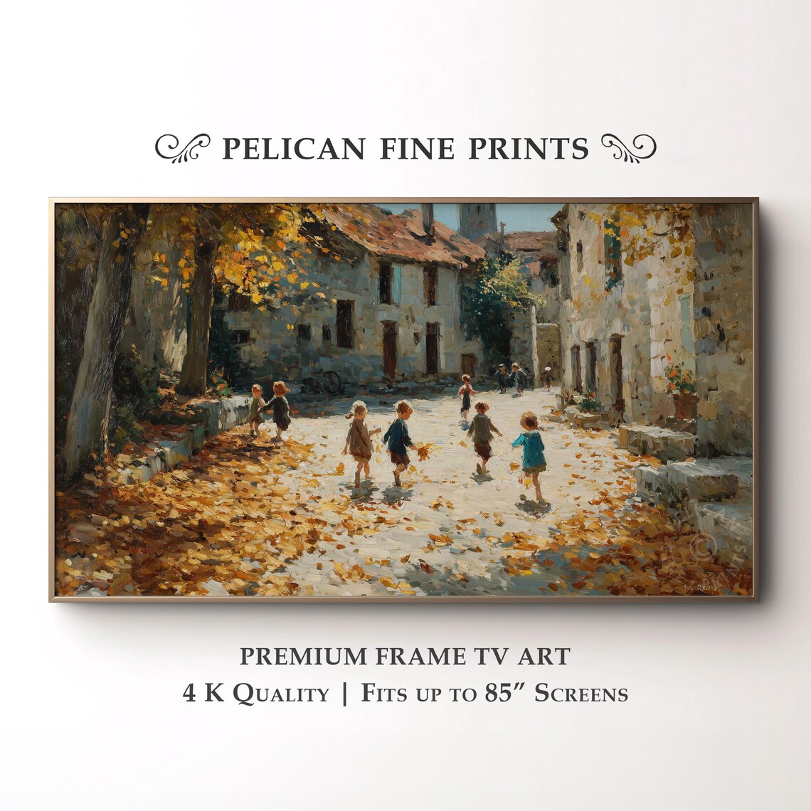 Autumn Children Playing Tv Art Rustic Fall Village Scene Cozy Impressionist For Frame Vintage Wall Decor Tv41