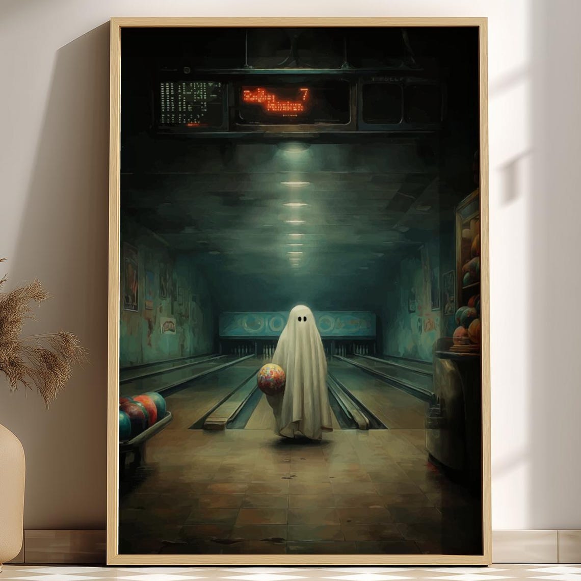Ghost Bowling Alone Empty Retro Alley Lanes Dark Humor Art Poster