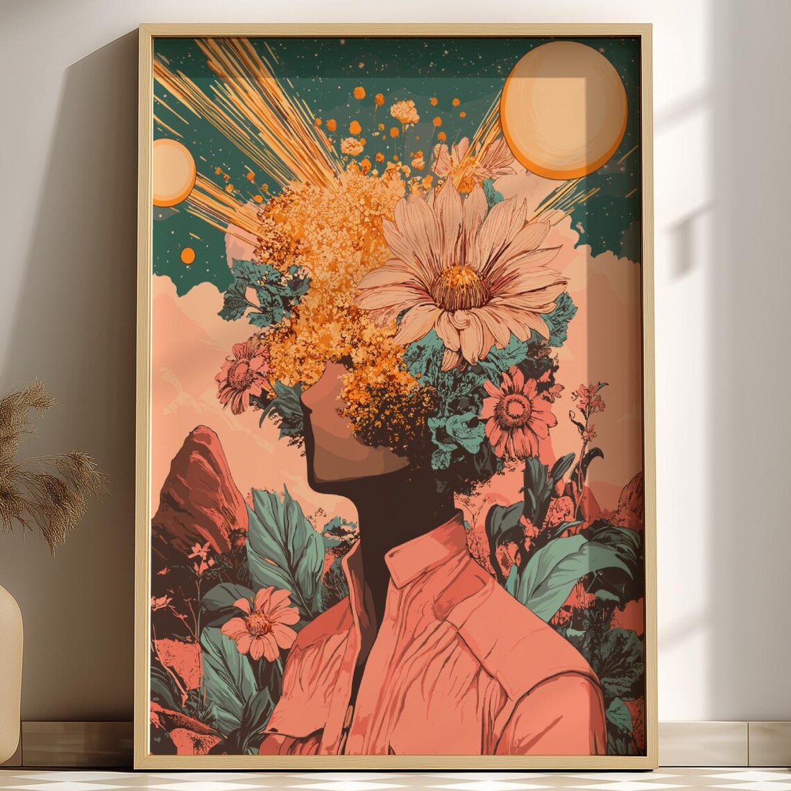 Galactic Bloom Surreal Flower Crown Woman Celestial Sky Poster