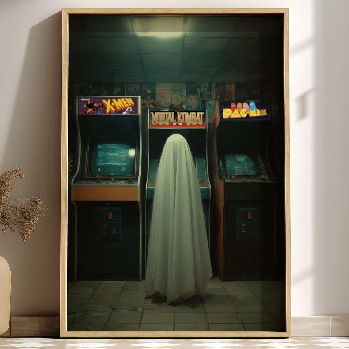 Ghost Playing Retro Arcade Cabinets Spooky Neon Gamer Night Art Poster