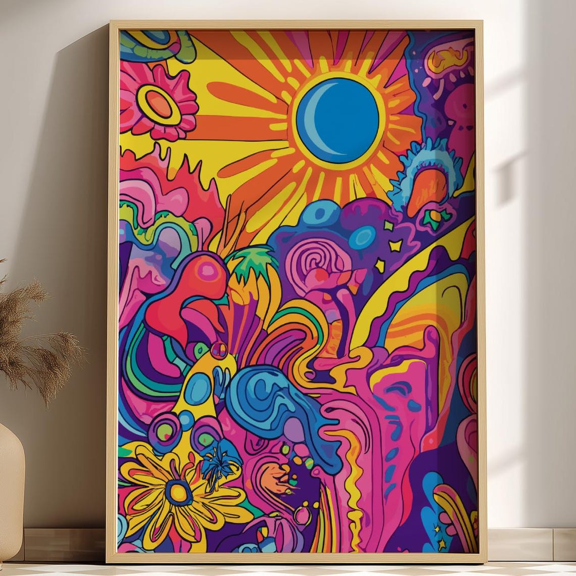 Electric Bloom Retro Groovy Sun Psychedelic Flower Power Poster