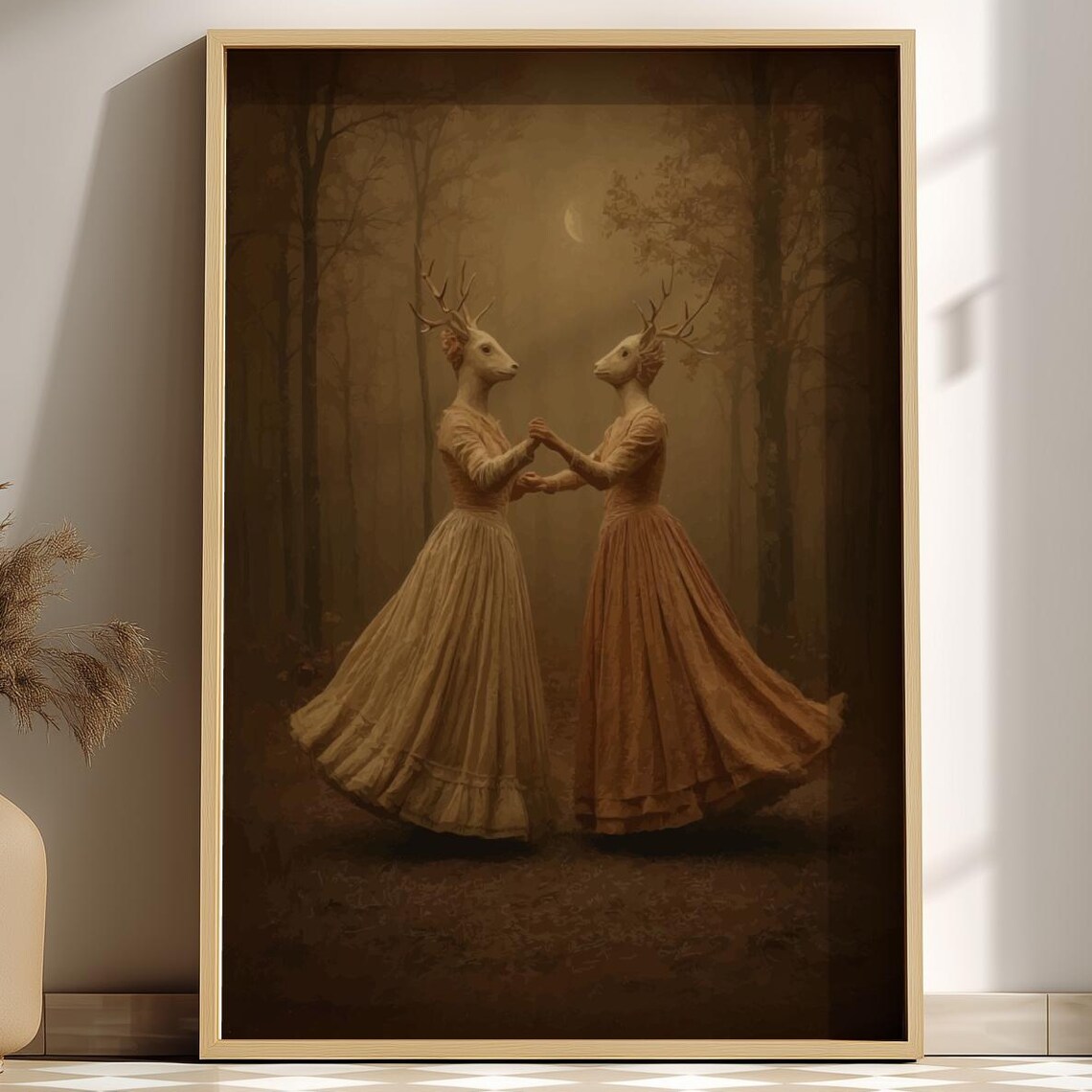 Deer Sisters Waltz Antlered Women Dancing Misty Forest Gothic Art Poster