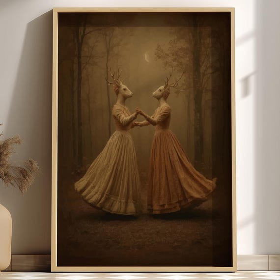 Deer Sisters Waltz Dark Fairytale Forest Print Dancing Deerheaded Women Art Surreal Gothic Animal Poster