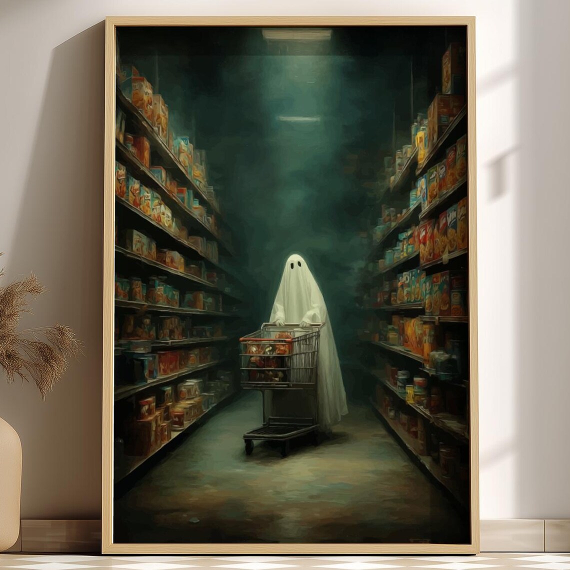 Ghost Pushing Cart In Grocery Store Aisle Dark Whimsy Art Poster