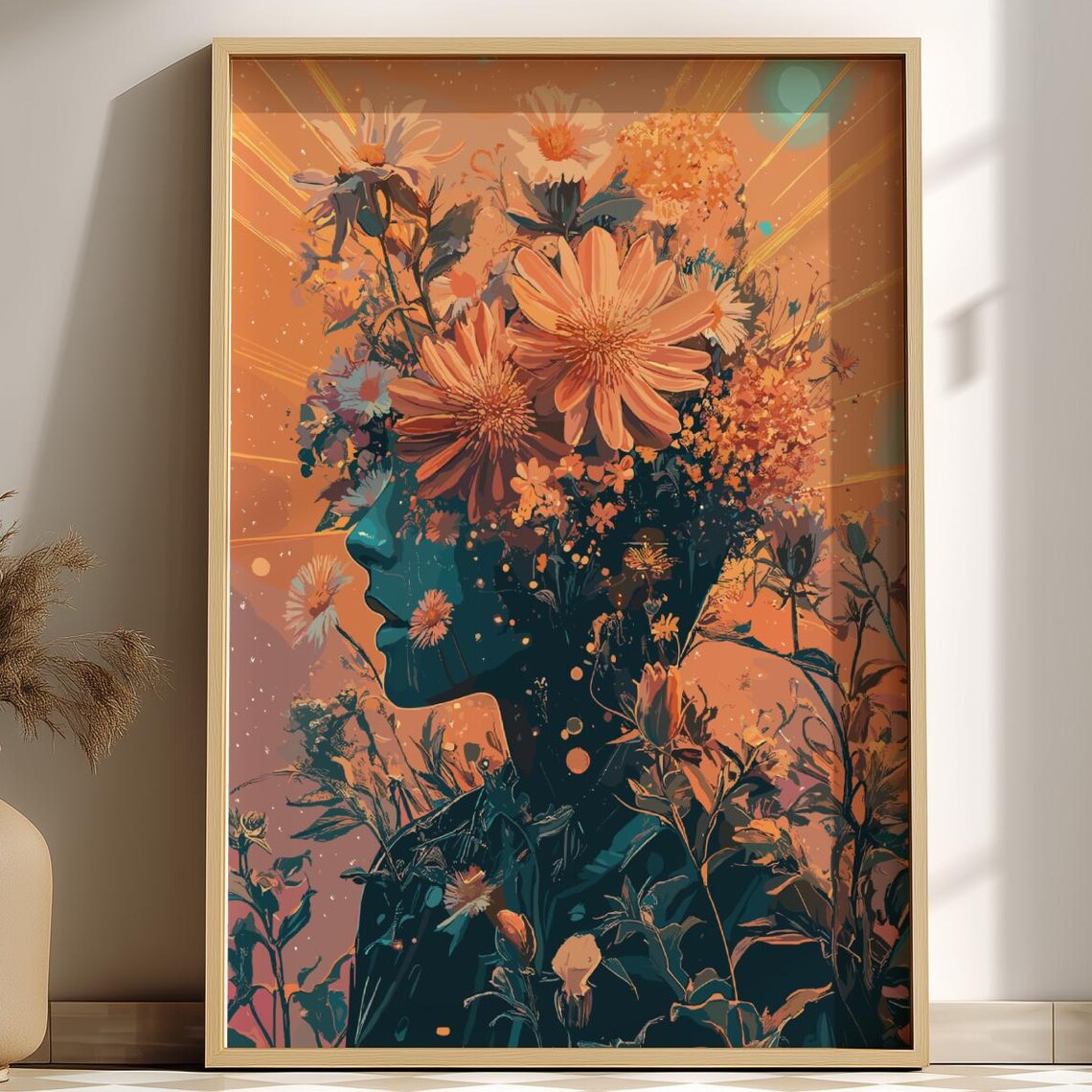 Cosmic Bloom Teal Woman Golden Flower Halo Dreamy Surreal Poster