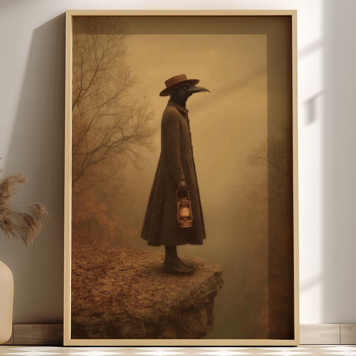 Crow Watcher Gothic Figure Art Print, Dark Academia