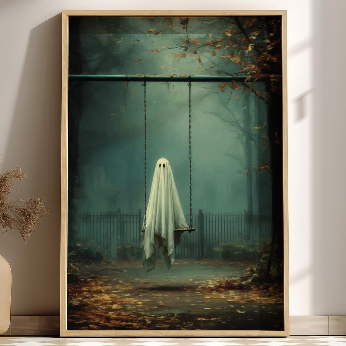 Ghost On Swing Set Misty Autumn Park Leaves Surreal Eerie Art Poster