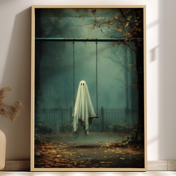 Ghost On Swing Set Misty Autumn Park Leaves Surreal Eerie Art Poster