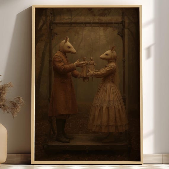 The Weasel Puppeteers Surreal Puppet Master Art Print Gothic Forest Theater Decor Anthropomorphic Poster