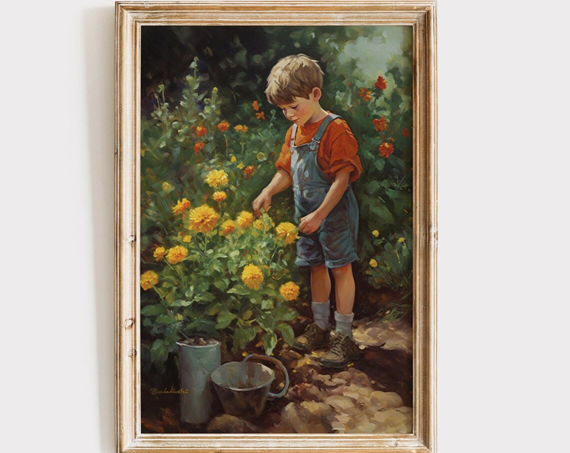 Little Boy Picking Marigolds Garden Vintage Oil Painting Nursery Print