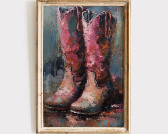 Pink Cowboy Boots Abstract Painting Wall Art Print Cowgirl Western Country Farmhouse Decor