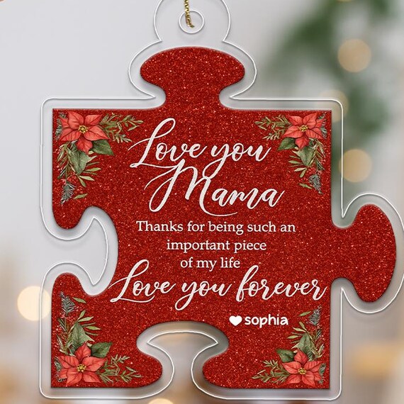Love You Mama Puzzle Piece Ornament with Poinsettia Christmas Print