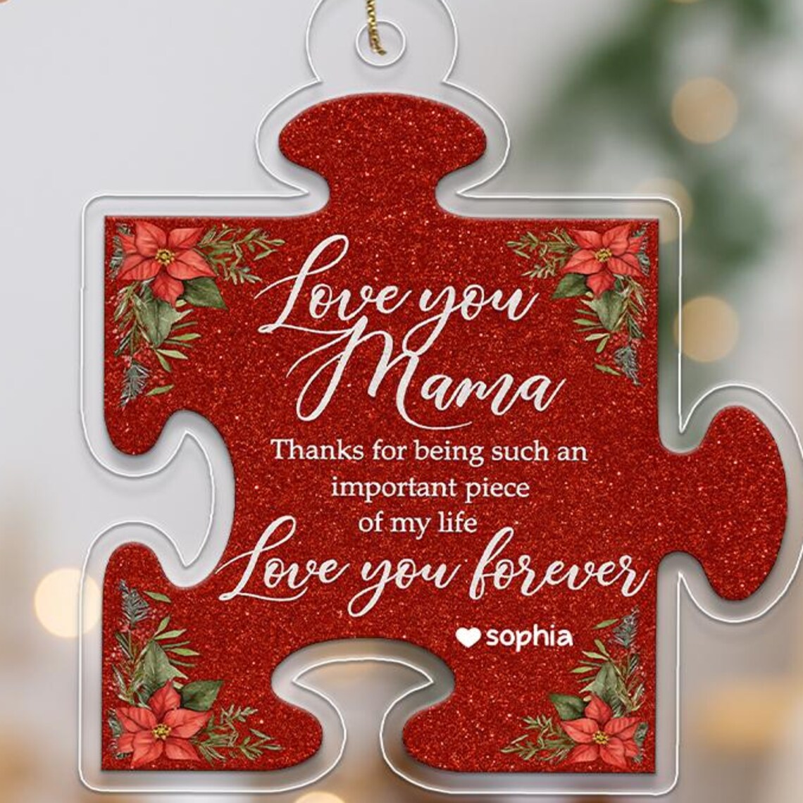 Love You Mama Puzzle Piece Ornament with Poinsettia Christmas Print