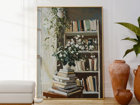 Colourful Books And Coffee Wall Print Botanical Decor For Readers Gift Plant Lovers Modern Minimalist