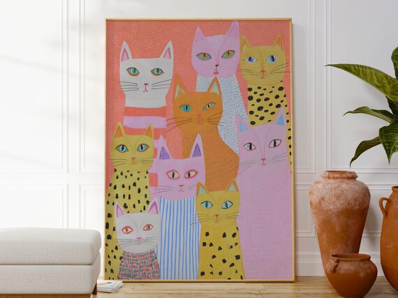 Cute Funny Cat Wall Print Minimalist Kids Room Poster Pink Animal Decor Gift For Girls Modern Illustration Daughters Art