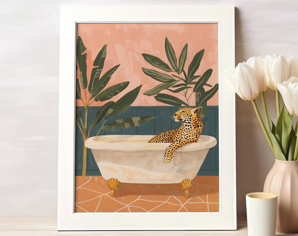 Leopard in Bathtub Tropical Safari Art Print