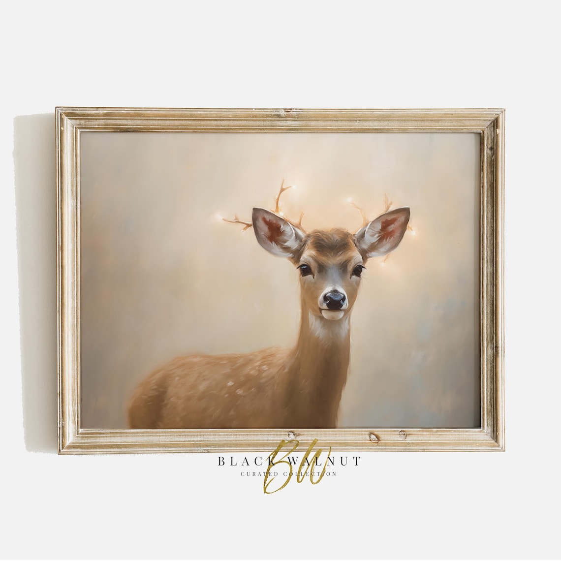 Winter Fawn Portrait Fairy Lights Soft Neutral Baby Deer Art Poster