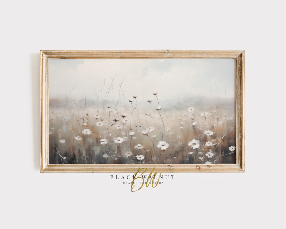 Muted White Wildflowers Misty Foggy Meadow Vintage Landscape Poster