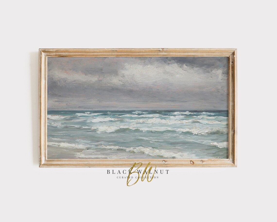 Vintage Moody Ocean Waves Painting Stormy Grey Seascape Antique Coastal Art Poster