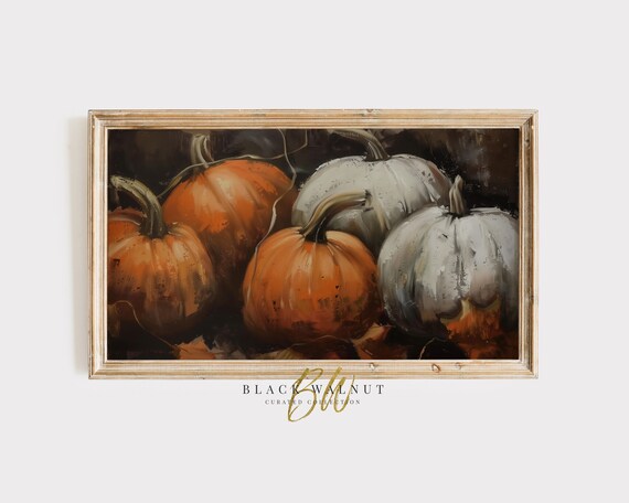 Orange White Pumpkins Dark Background Vintage Fall Harvest Wall Art Poster