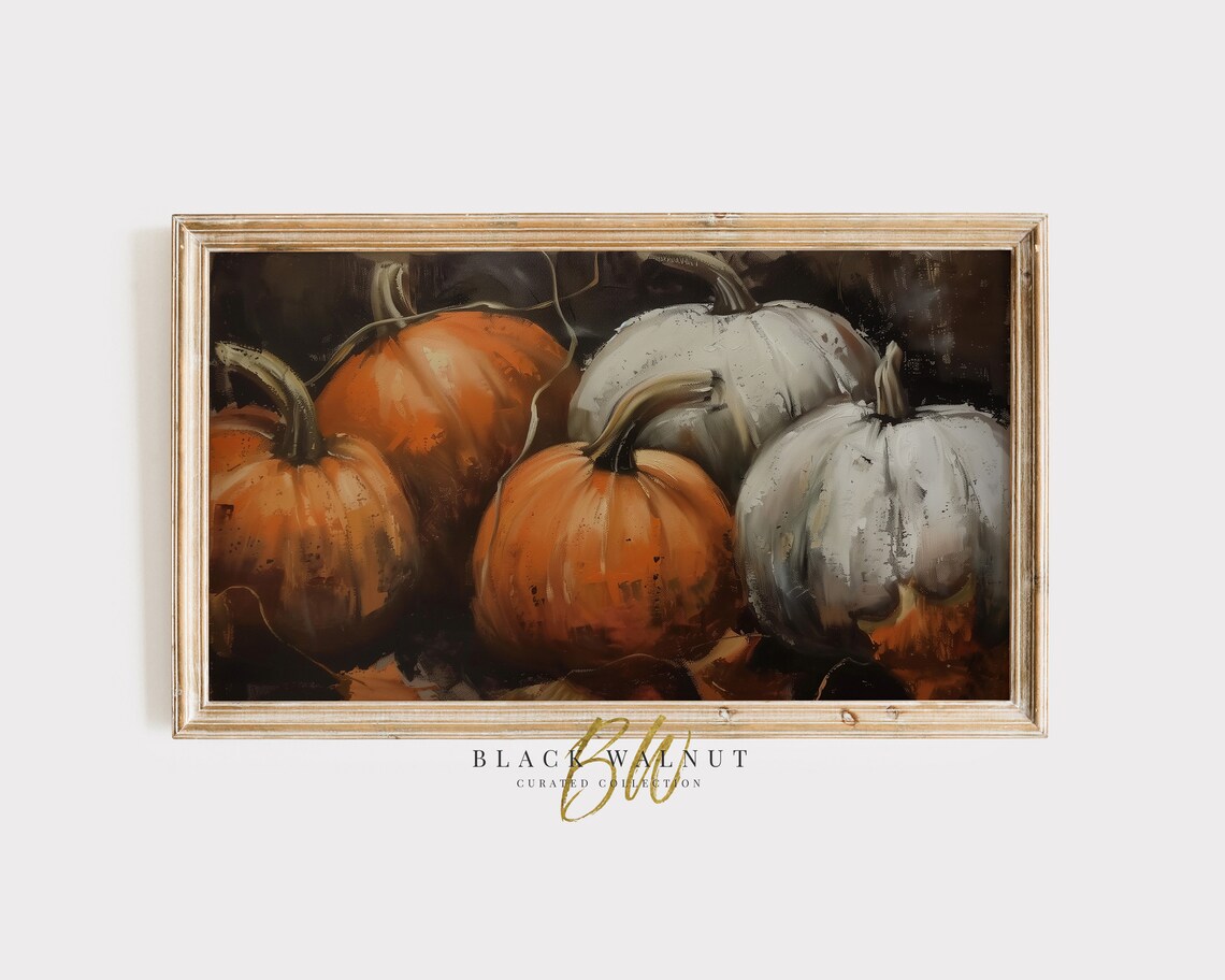 Orange White Pumpkins Dark Background Vintage Fall Harvest Wall Art Poster