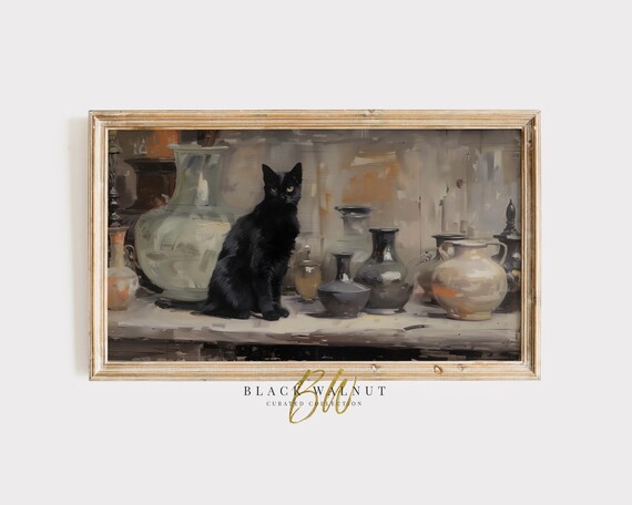 Black Cat Vintage Vases Rustic Oil Painting Halloween Cat Lover Wall Art Poster