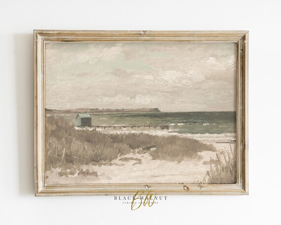 Neutral Coastal Painting Dunes Beach Hut Pier Gray Green Sea Poster